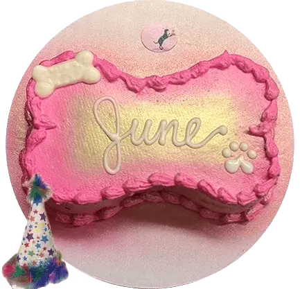 Pink bone-shaped cake with "June" text.