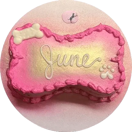 Pink bone-shaped cake with "June" written.