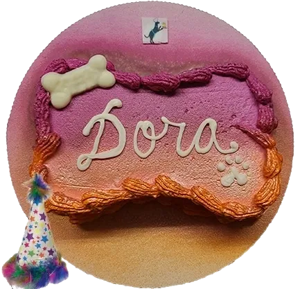 Decorative cake with "Dora" and bone design.
