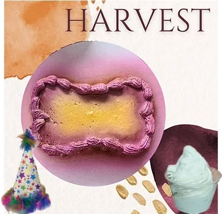 Colorful cake with text: "HARVEST".