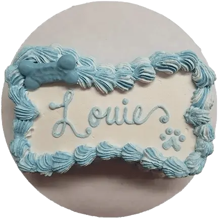 Blue and white dog-themed cake with name.