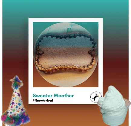 Sweater Weather poster with colorful hat, ice cream.