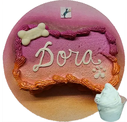 Colorful cake with "Dora" and ice cream.