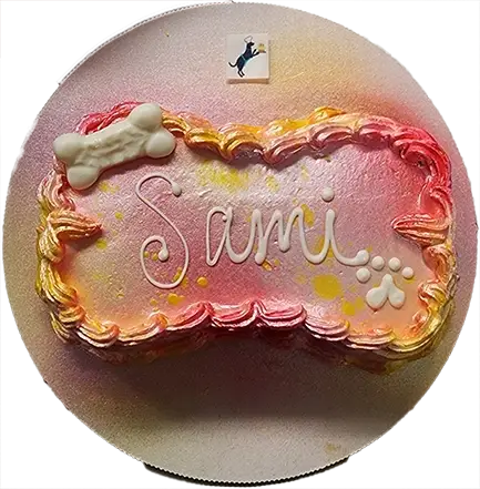 Colorful cake with name and bone decoration.