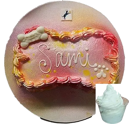 Colorful cake with "Sami" and bone decoration.