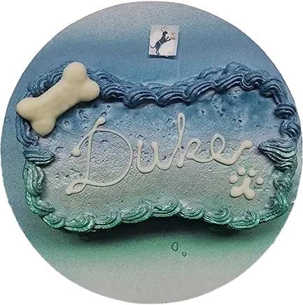 Blue dog cake with bone decoration.