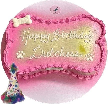 Pink dog birthday cake with bone decoration.