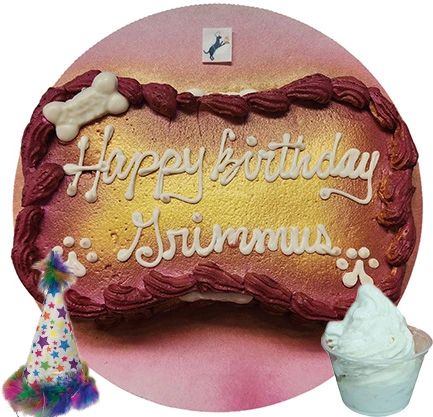 Dog birthday cake with hat and ice cream.