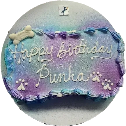 Pastel birthday cake with dog bone decoration.
