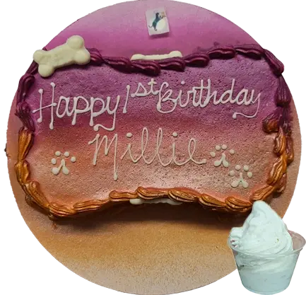 Dog birthday cake with "Happy 1st Birthday Millie.