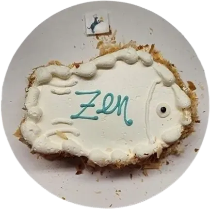 Fish-shaped cake with "Zen" icing decoration.