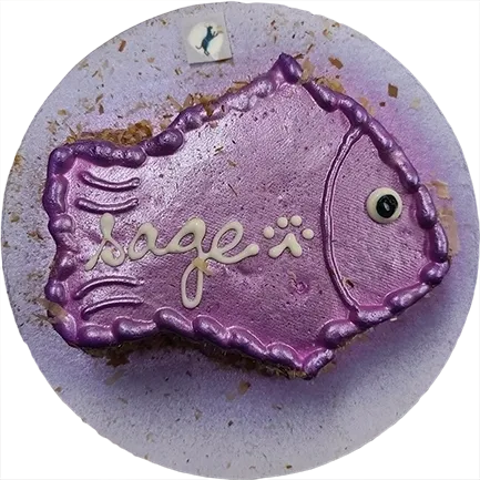 Purple fish-shaped cake with "Sage" icing.