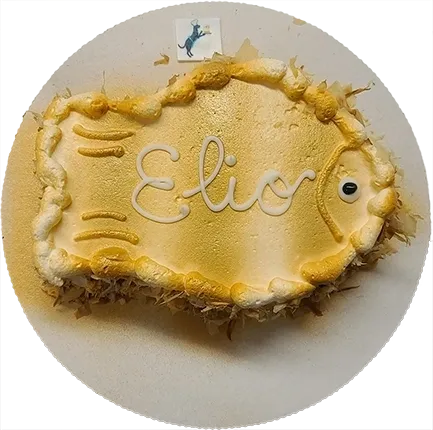 Fish-shaped cake with "Elio" on top.