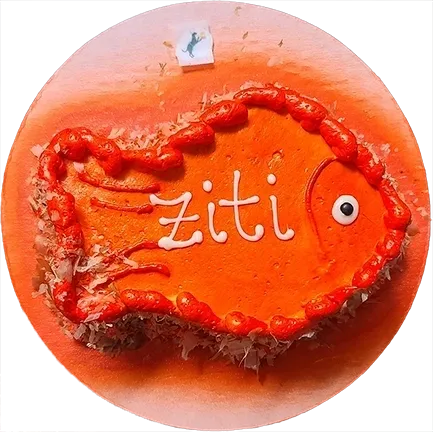 Orange fish-shaped cake with "ziti" text.