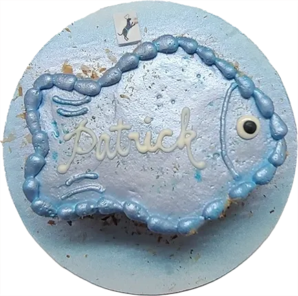 Fish-shaped cake with "Patrick" written on it.