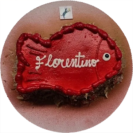 Red fish-shaped cake with "Florentino" writing.