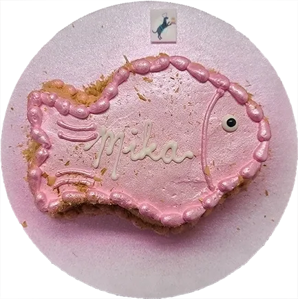 Pink fish-shaped cake with "Mika" icing.