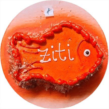 Orange fish-shaped cake with "ziti" text.