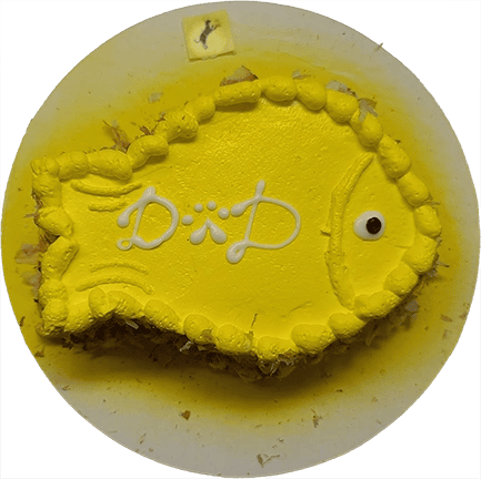 Yellow fish-shaped cake with "Dad" icing.