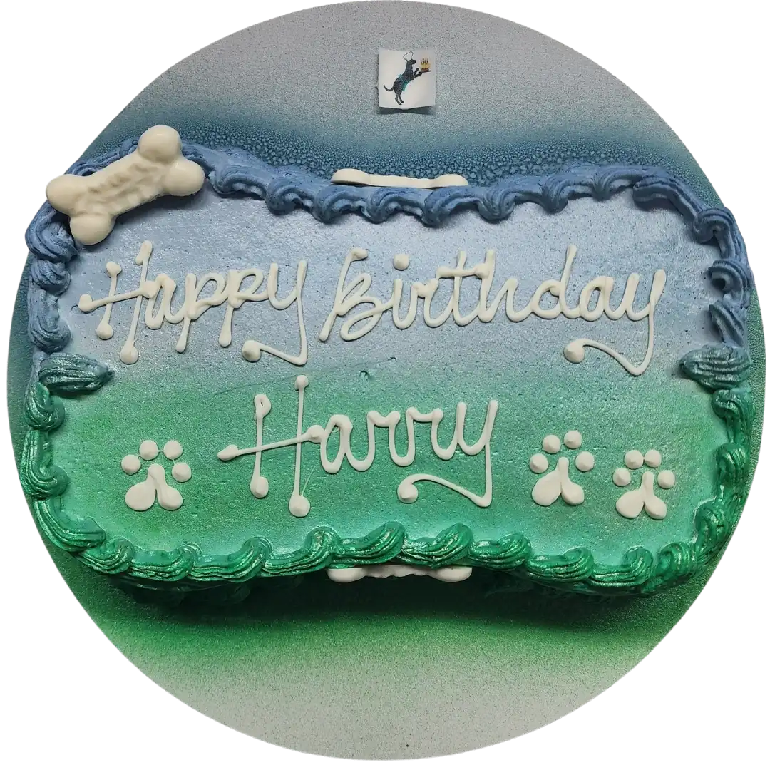 Dog birthday cake with bone decoration.