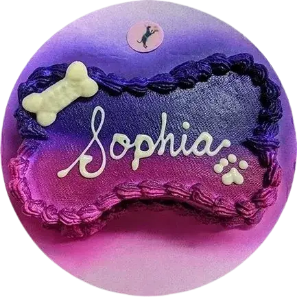 Bone-shaped cake with "Sophia" and paw print.