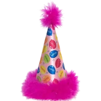 Colorful party hat with pink fluffy trim