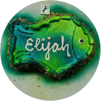 Green and blue fish-themed birthday cake