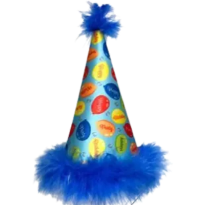 Colorful party hat with blue feathers