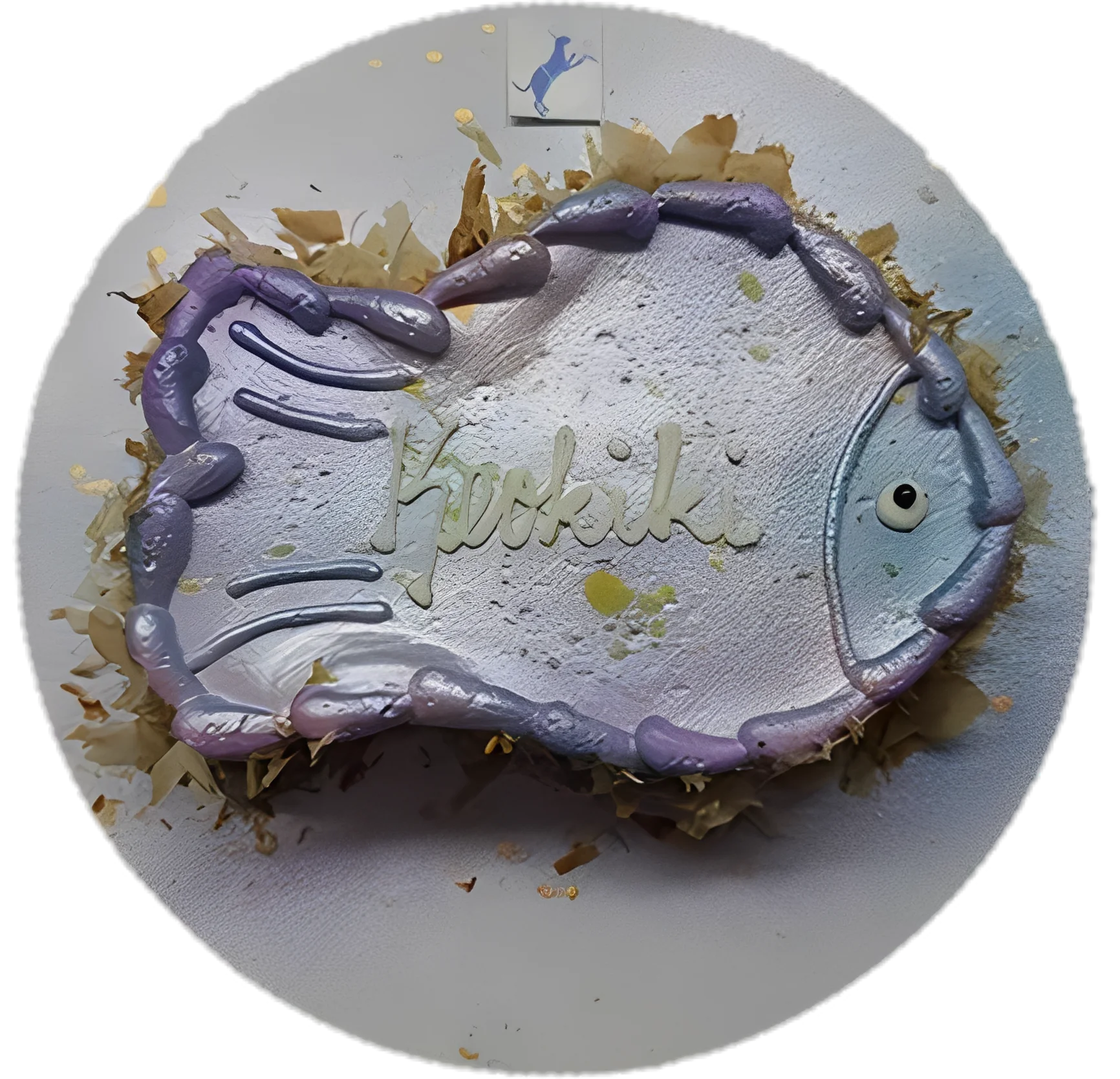Fish-shaped cake with purple icing decoration.
