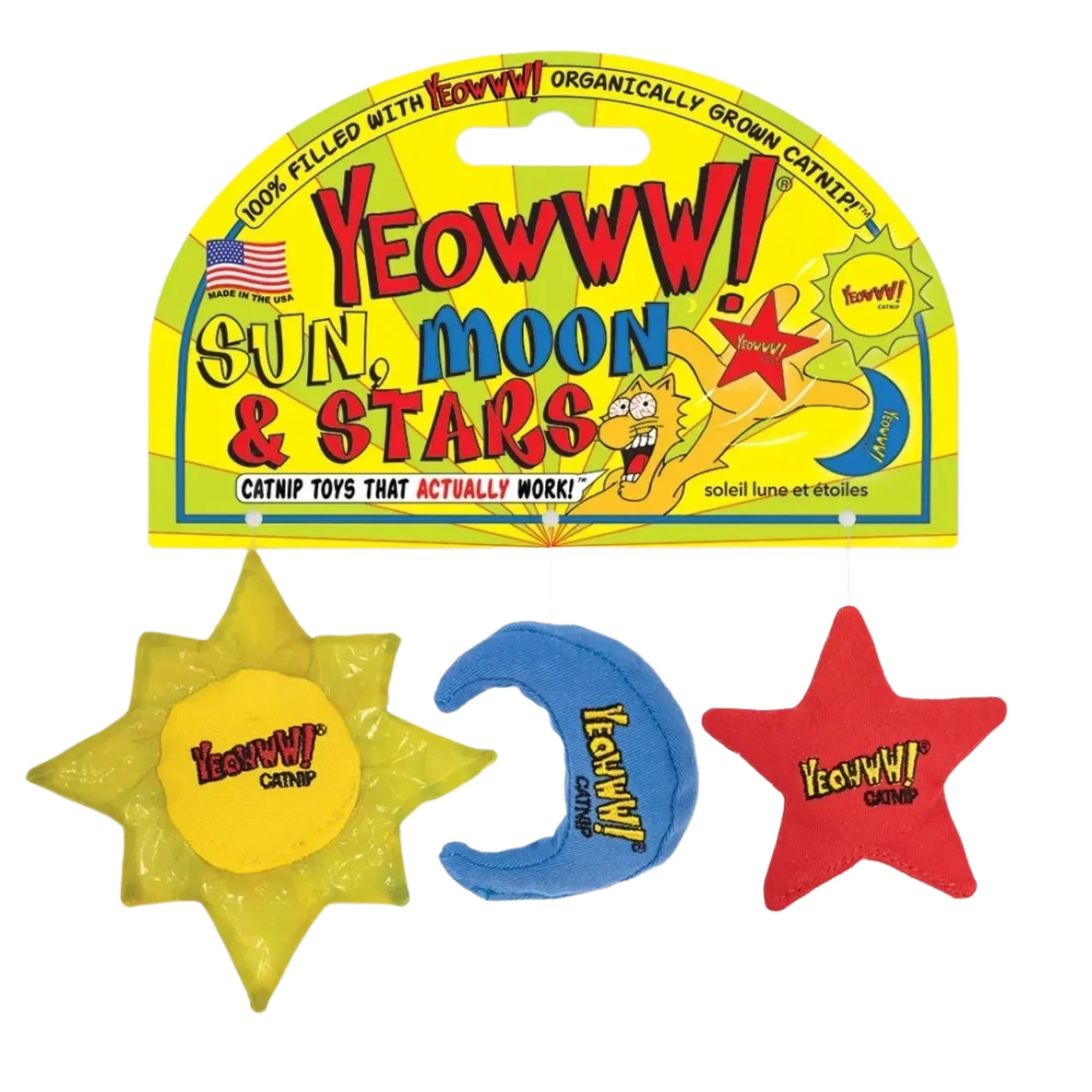 Catnip toys shaped like sun, moon, star.