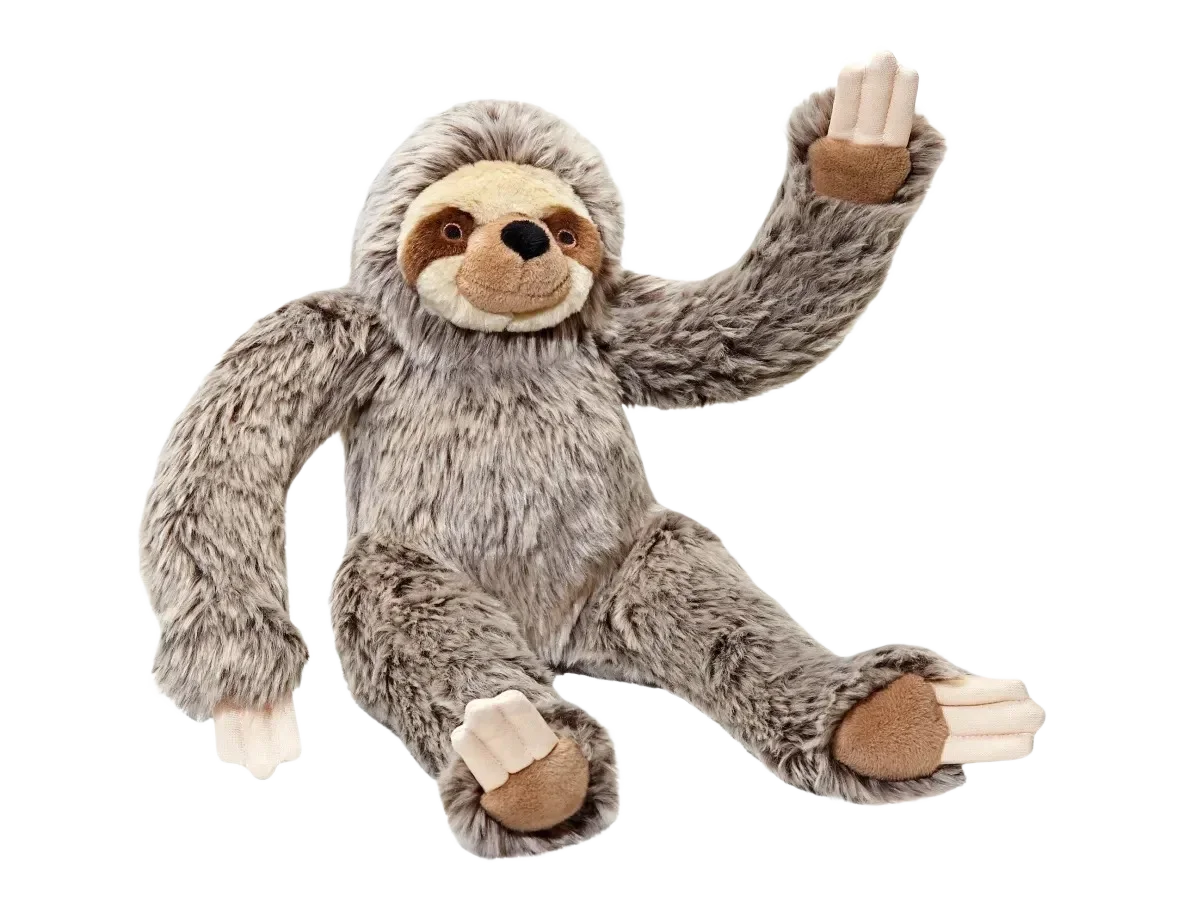 Stuffed sloth toy with raised arms.