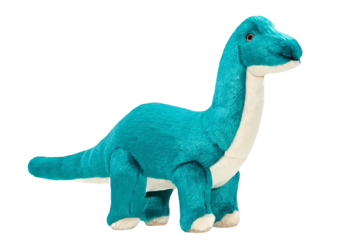 Blue plush dinosaur toy on black background.