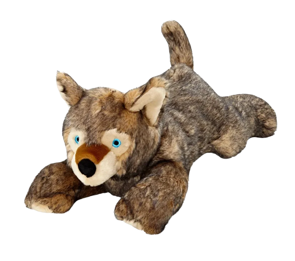 Plush wolf toy on black background.