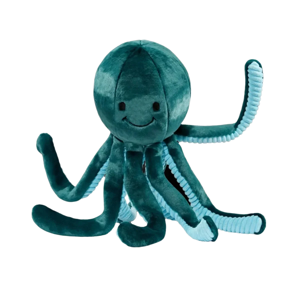 Smiling plush octopus toy on black background.