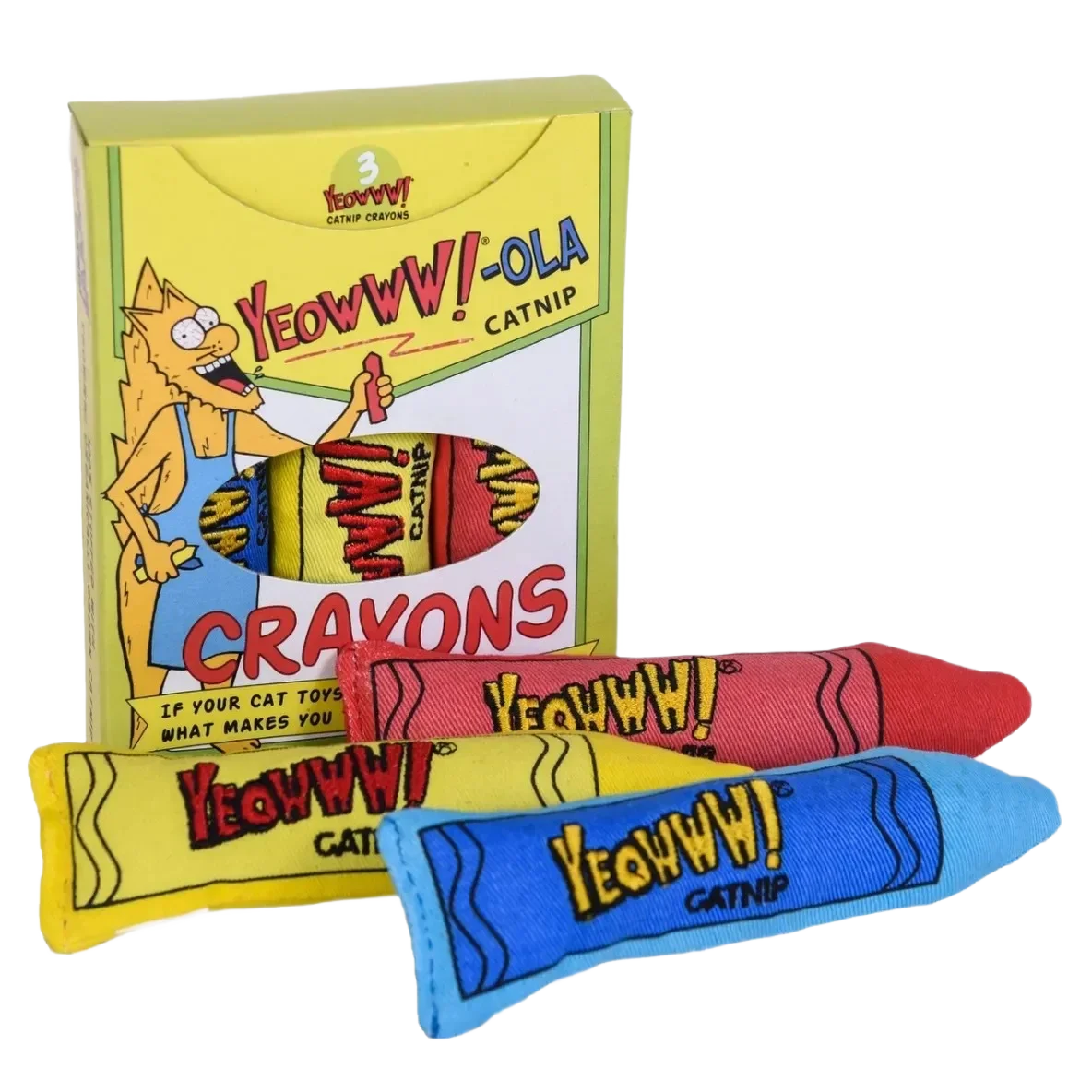Catnip crayon toys with colorful packaging.