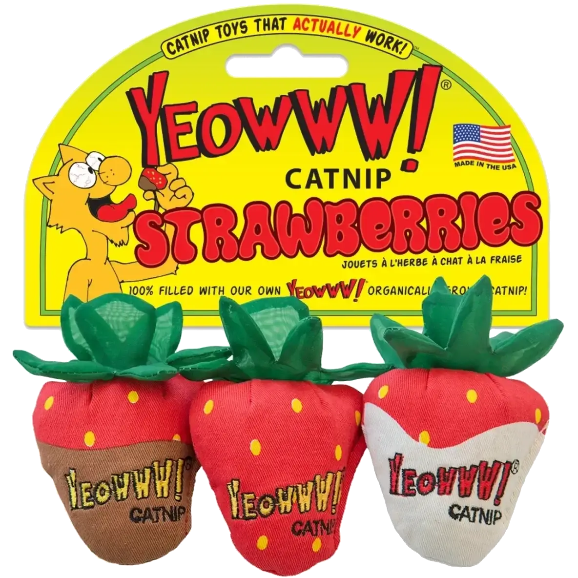 Yeowww! catnip strawberry toys packaging.
