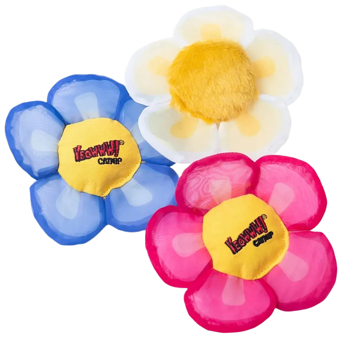 Three colorful flower-shaped cat toys.