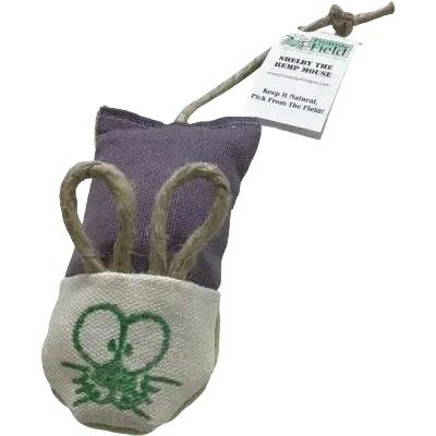 Purple hemp mouse toy with tag attached.
