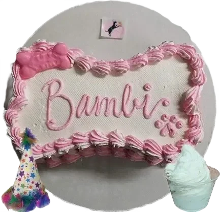 Pink and white cake with "Bambi" decoration.