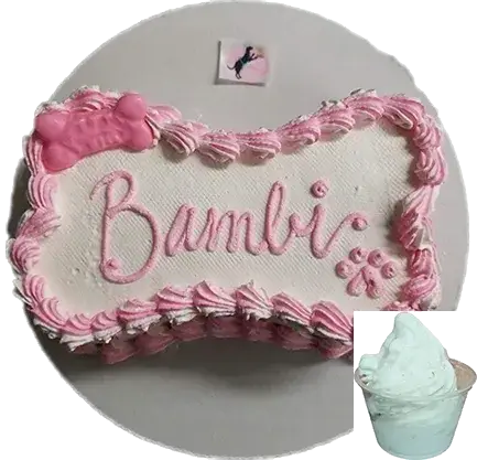 Decorative bone-shaped cake with "Bambi" text.