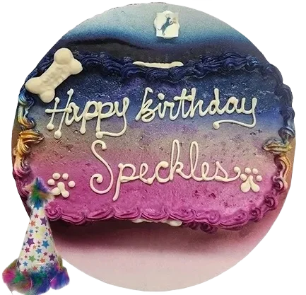 Colorful birthday cake with bone decoration.