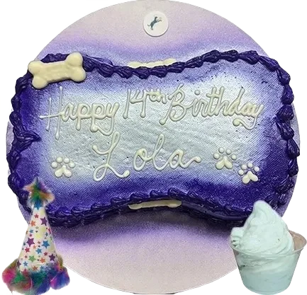 Purple dog birthday cake with decorations.