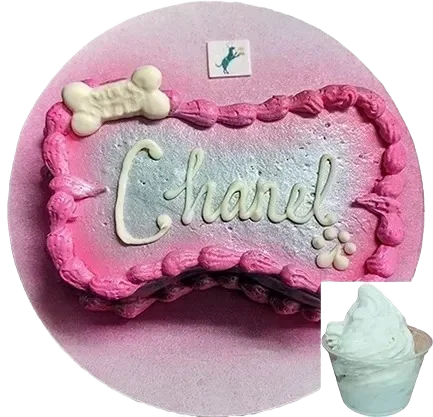 Pink and white dog cake with name.