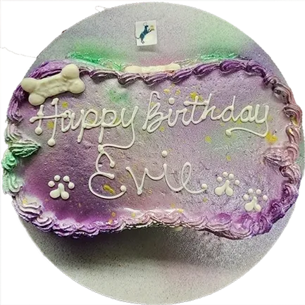 Purple birthday cake with bone decoration.