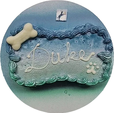 Blue dog cake with bone decoration.