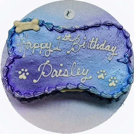 Purple dog bone-shaped birthday cake.