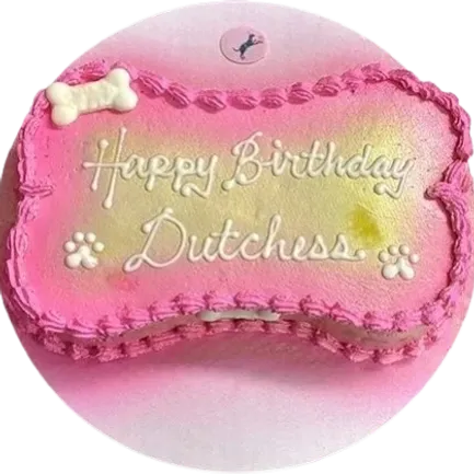 Pink bone-shaped cake with birthday message.