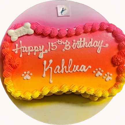 Colorful birthday cake with "Happy 15th Birthday" message.