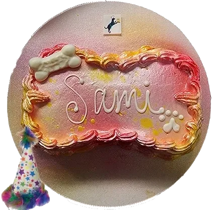 Colorful cake with "Sami" and bone decoration.