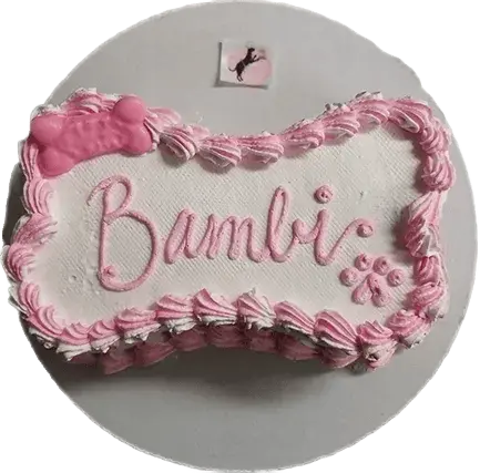 Bone-shaped cake with "Bambi" in pink icing.